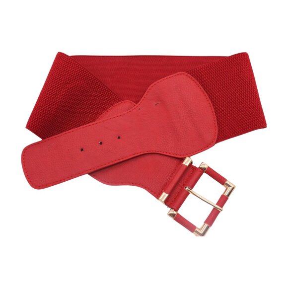 New Women Red Elastic Wide Fashion Belt Hip High Waist Gold Square Buckle S M - Picture 5 of 16